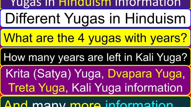 List of different Yugas in Hinduism with meaning (information) | What are the 4 yugas with years? | How many years are left in Kali Yuga? | Krita (Satya) Yuga, Dvapara Yuga, Treta Yuga, Kali Yuga information